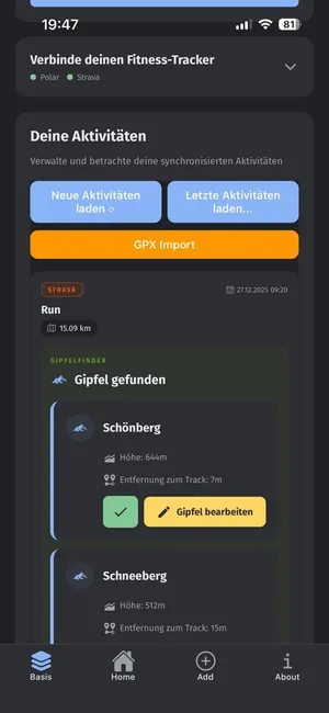 Vertimonte App: synchronisierte Aktivitäten von Strava und Polar mit erkannten Gipfeln