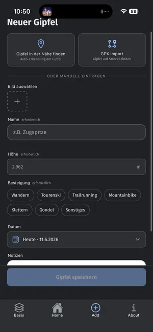 Vertimonte App: Gipfel eintragen mit Gipfelfinder, Foto, Sportart und Datum