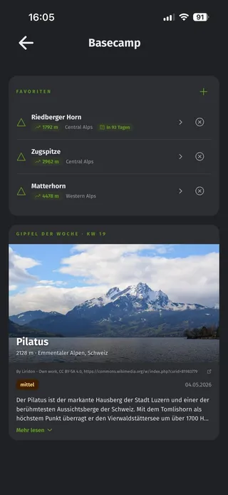 Vertimonte App: Basecamp mit Zielen und Herausforderungen