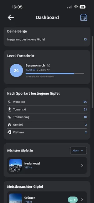 Vertimonte App: Dashboard mit Statistiken, Höhen-Meilensteinen und Jahresrückblick