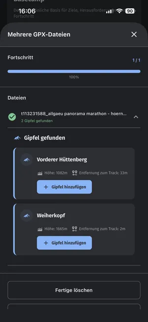 Vertimonte App: GPX-Import mit automatischer Gipfelerkennung auf der Route