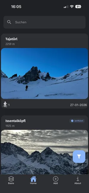 Vertimonte App: durchsuchbare Gipfelliste mit Filtern nach Name, Höhe, Datum und Sportart